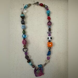Colorful Cat Beaded Necklace with Skulls and Dice